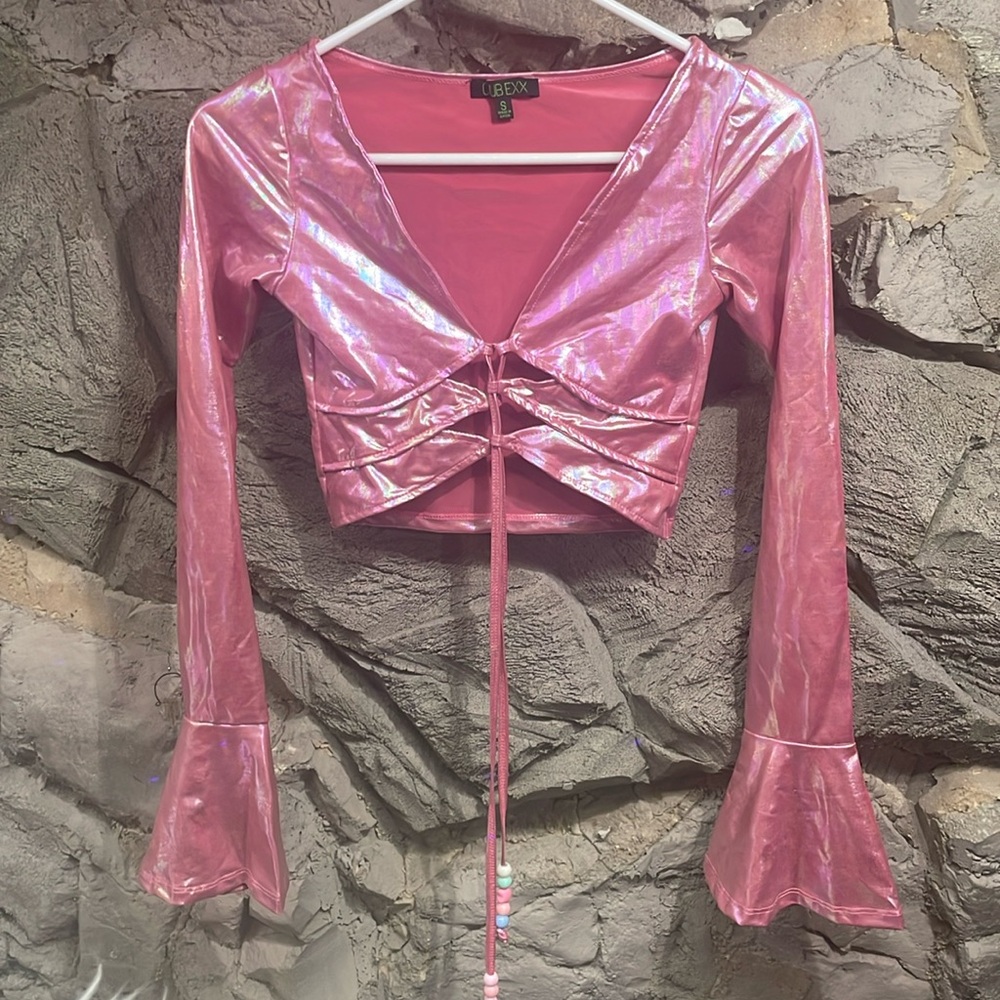 Club EXX metallic pink flared sleeve crop top size S
